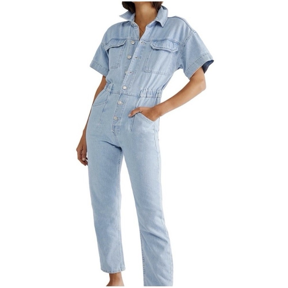 FREE PEOPLE We the Free Marci Denim Jumpsuit SMALL Light Wash Mechanic Retro